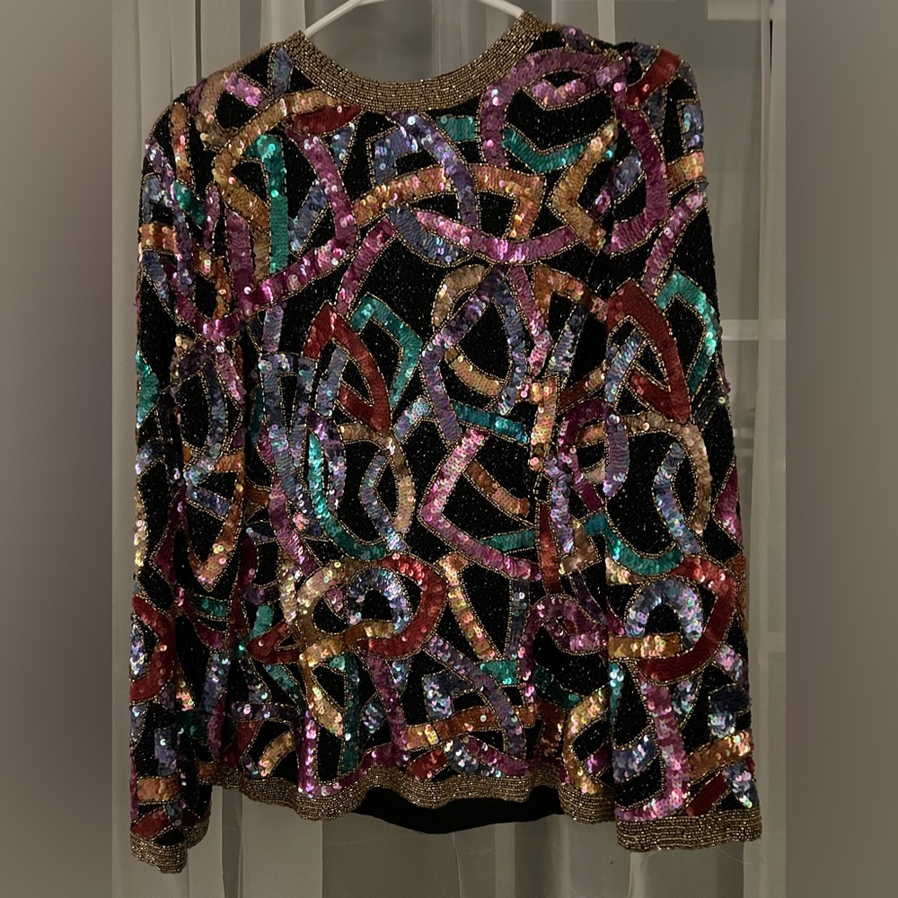 Oleg Cassini Black and Multicolor Sequin Top